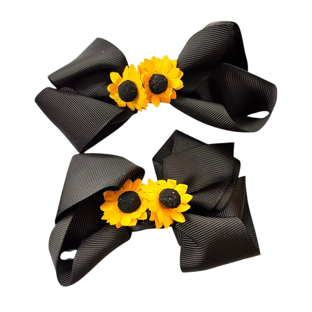 Girls Bows Set of 2 Black SUnflowers Clip On Fall New Handmade